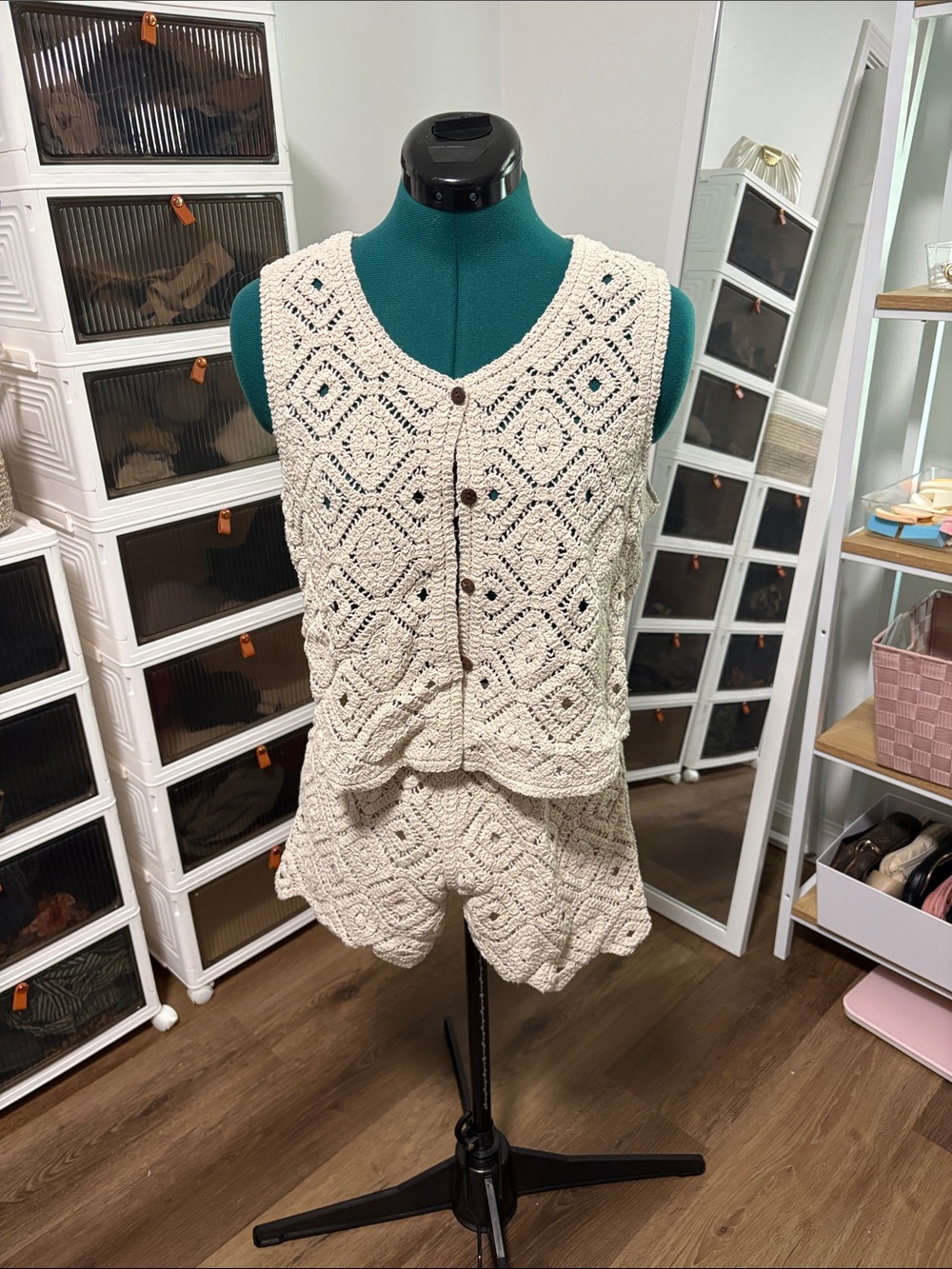Crochet Knit Tank and Short Set in Cream
